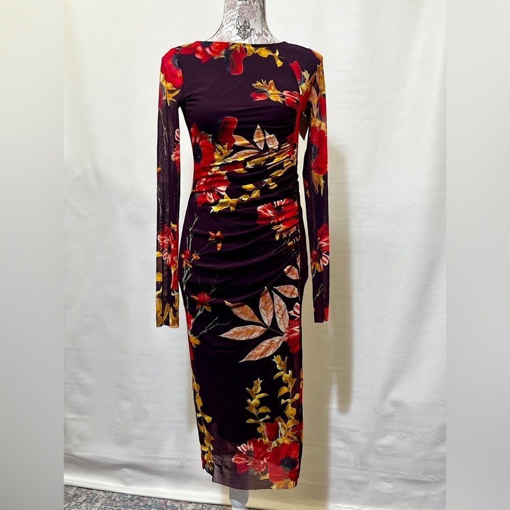 FUZZI Dark burgundy floral stretch midi dress size S/M.‎ - Picture 4 of 14